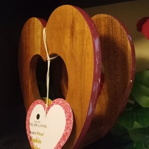 Heart-Shaped Acacia Wood Napkin Holder with Pink Edges